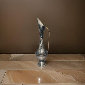 Israeli Vintage Enameled Etched 13" Brass Ewer Vase Vessel cir. 1960s-70s